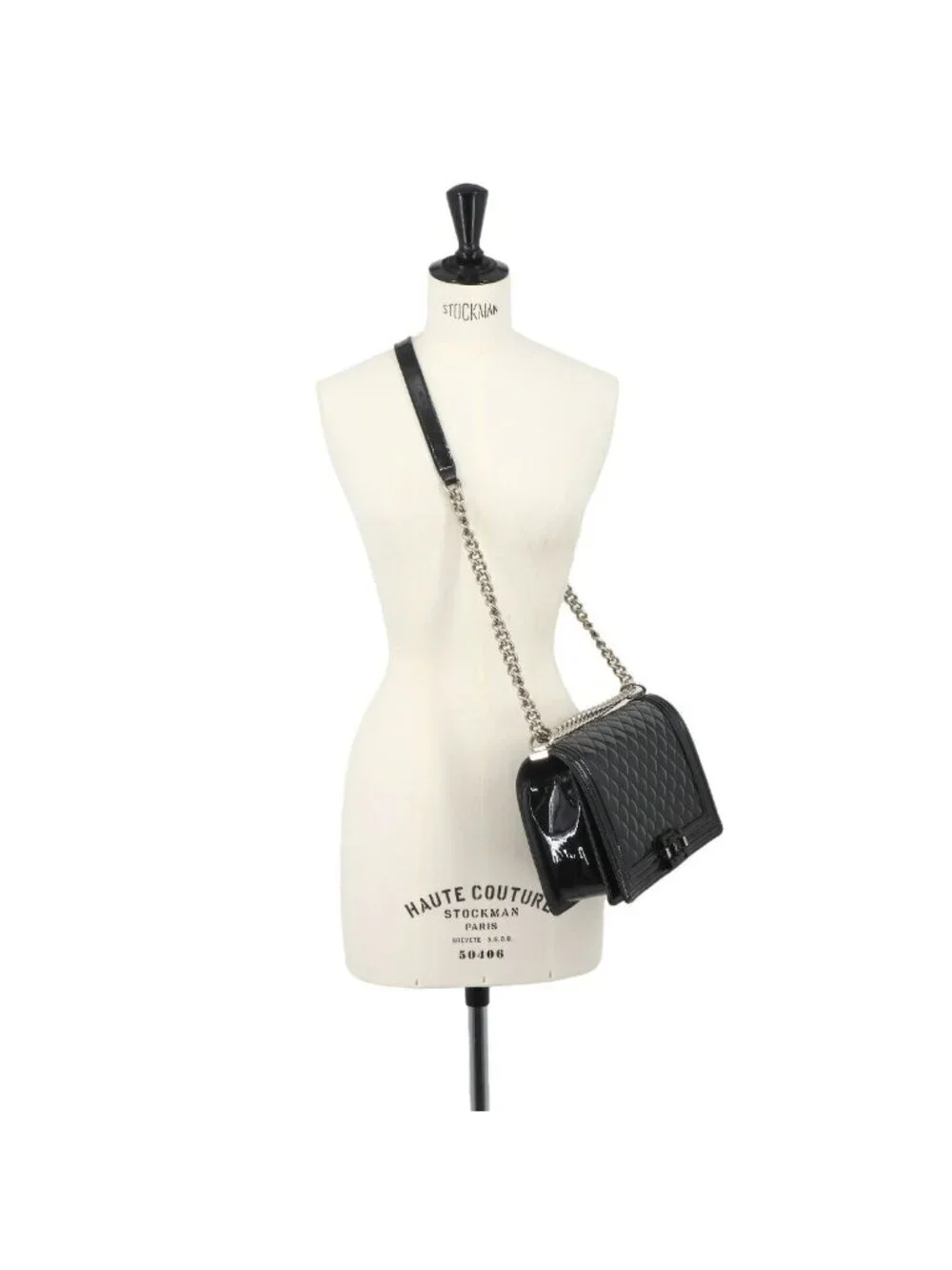 Chanel Boy Chain Shoulder Bag Patent Leather Black Silver
